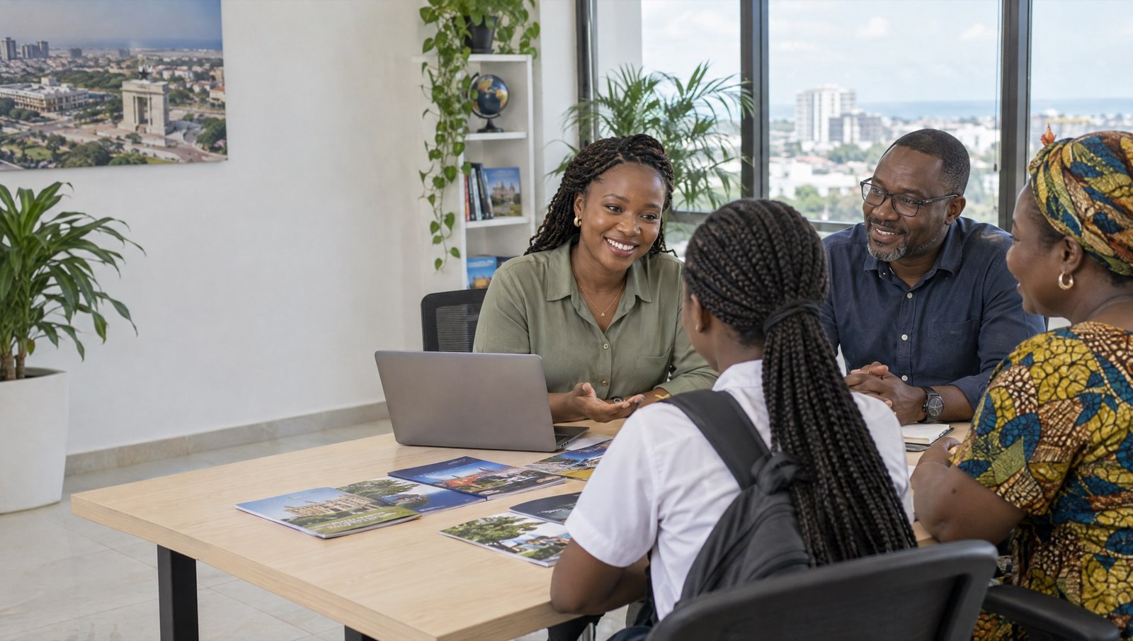 Tourify consultants welcoming a student and her mother to a consultation in a bright Accra office