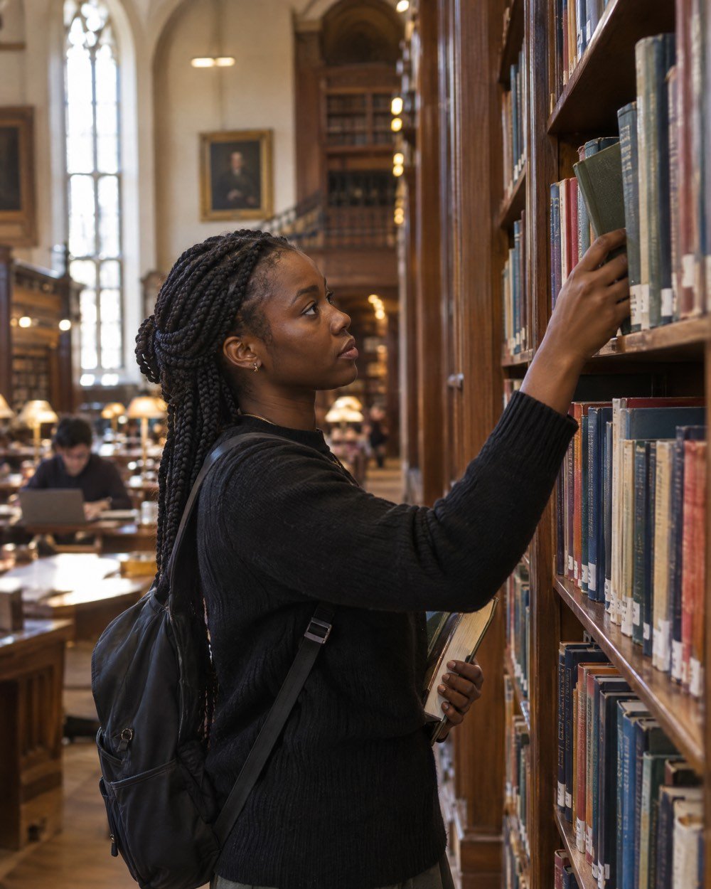 A student choosing a book in a grand university library