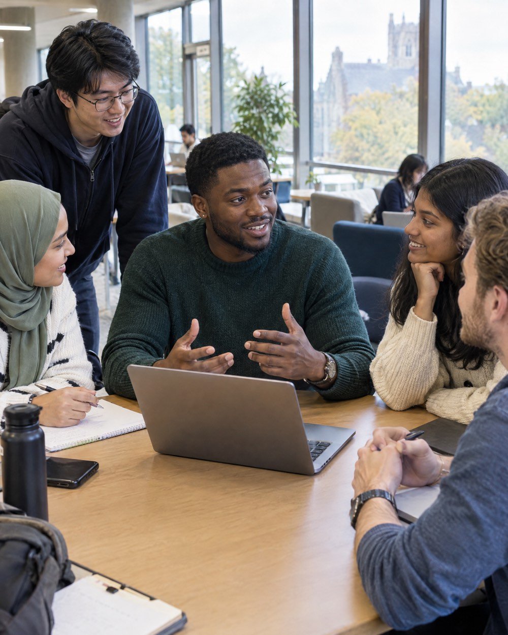 International students collaborating around a table in a university lounge