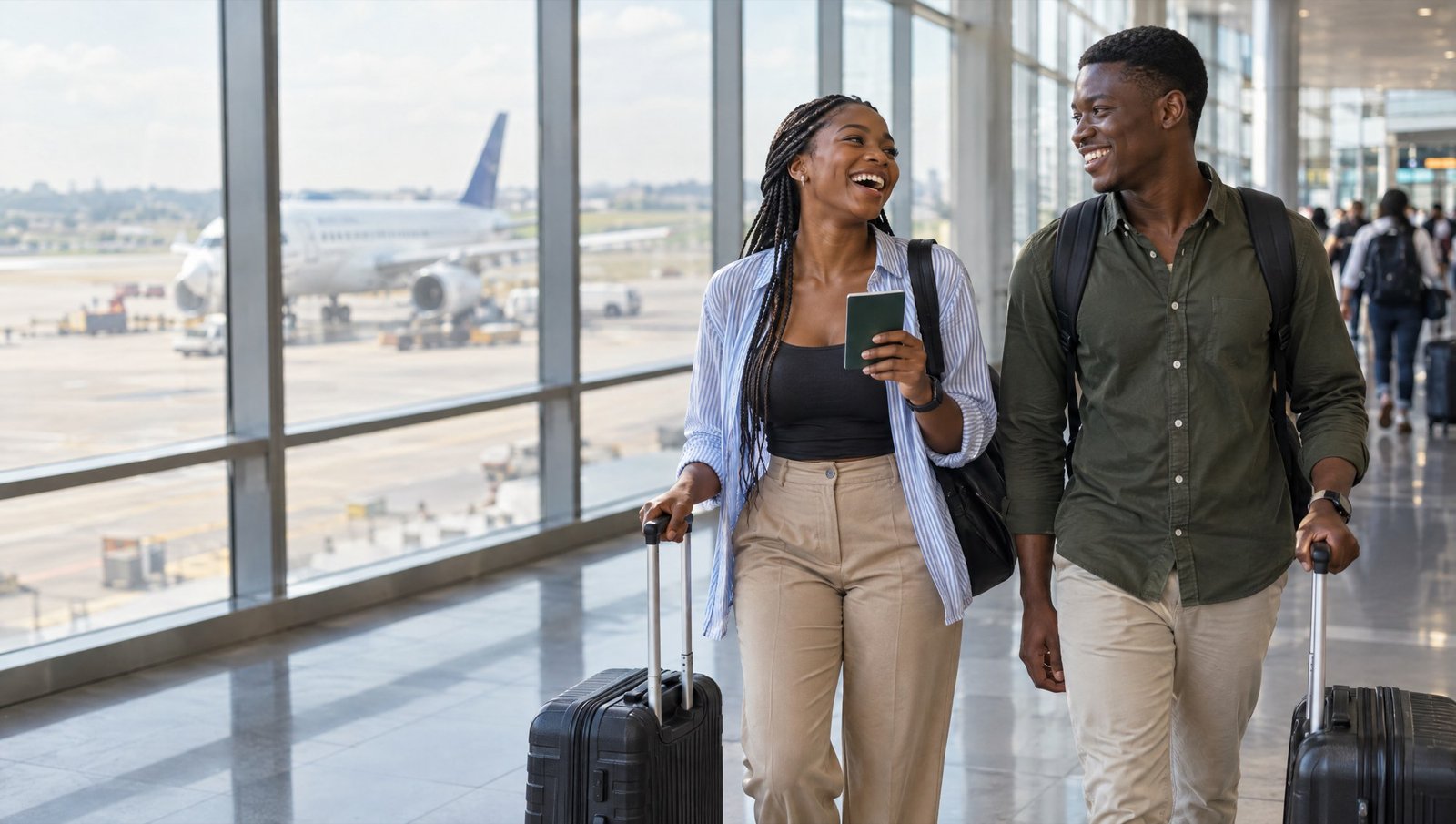 Two Ghanaian students laughing as they walk through an airport terminal with their suitcases