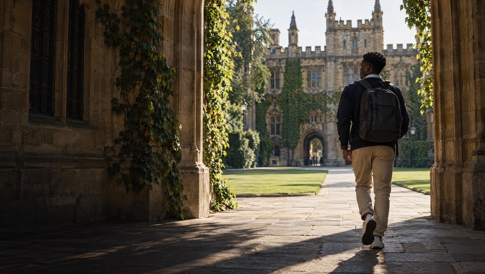 A student with a backpack walking through a stone archway into a historic university courtyard