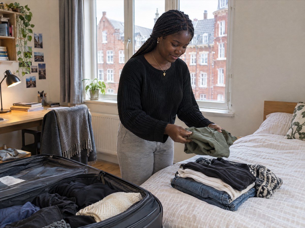 A student unpacking in her new apartment abroad