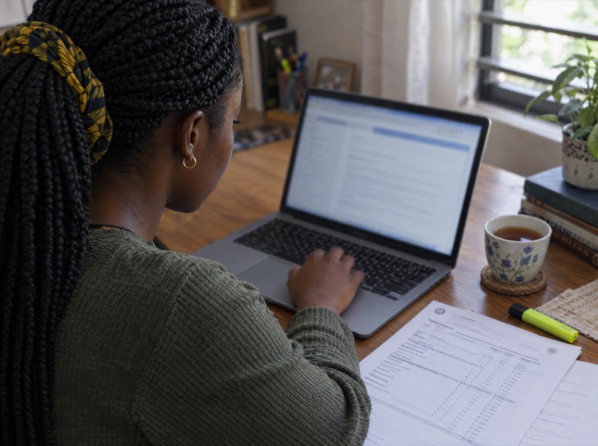 A student writing a university application on her laptop