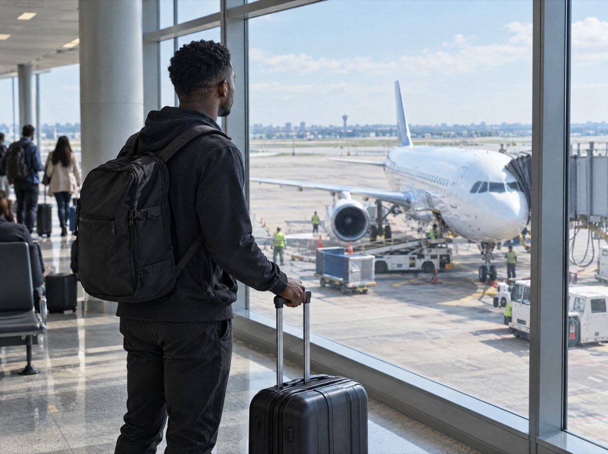A student with a backpack and suitcase watching a plane at the gate