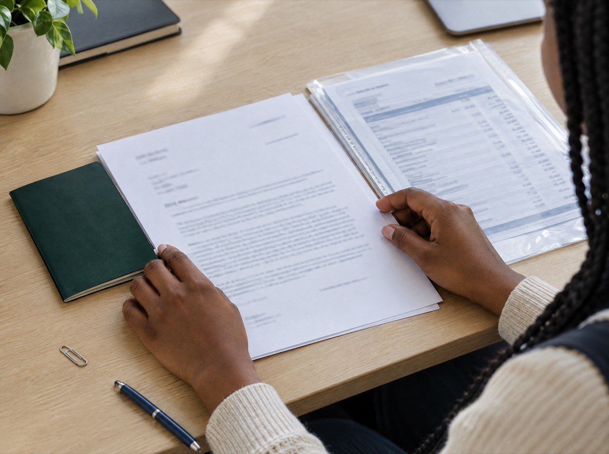 Passport, acceptance letter and bank statement laid out for a visa application